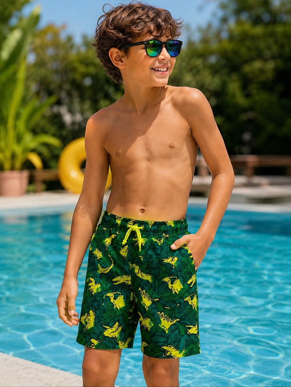 Cat & Jack Dino Swim Trunks With Pocket — Boys Medium (8/10) 🦖🌴 NWT